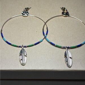 Silver Feather Hoop Earrings with Blue and Green Beads